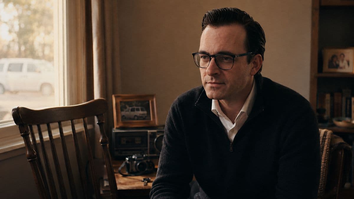 The adult narrator seated in a quiet room beside a camera and framed van photograph.